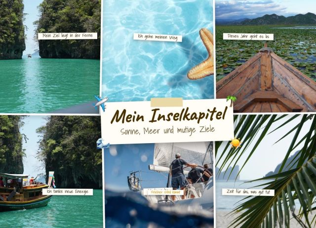 Collage mit türkisem Meer, Holzboot, Segler und Palmenblatt, Titel „Mein Inselkapitel“
