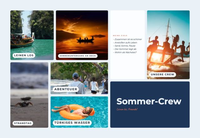 Bento-Vorlage mit Boot, Sonnenuntergang, Freunden am Segelboot, Strand und Pool sowie Titelfeld Sommer-Crew