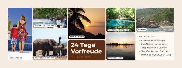 Panorama-Raster mit Advents-Kacheln: Plätzchen backen, Weihnachtsmarkt, Sonnenuntergang und Titel 24 Tage Vorfreude