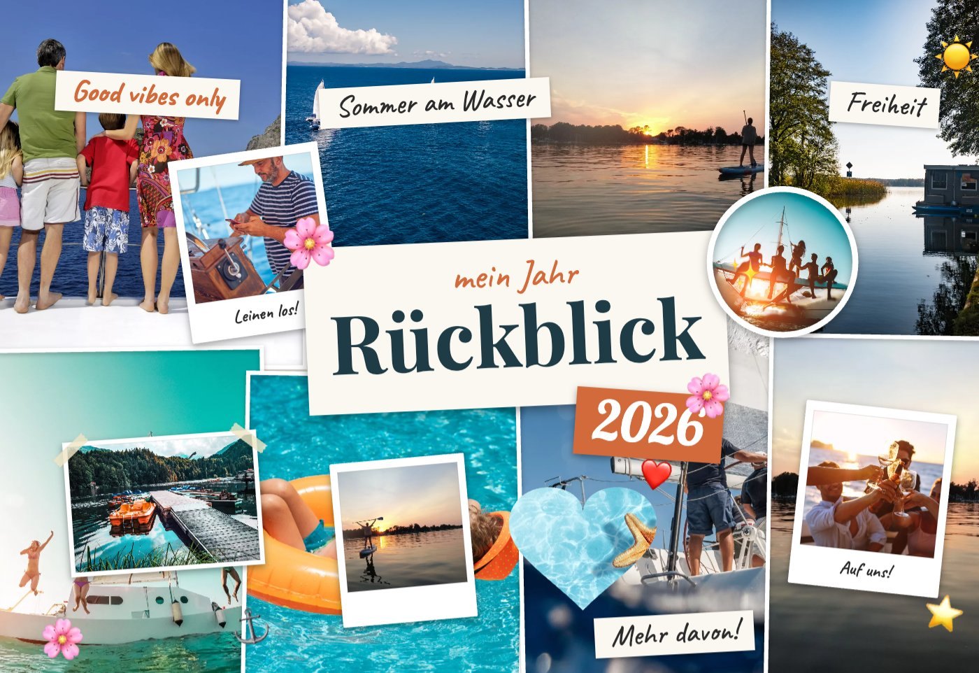 Foto-Collage Rückblick 2026 mit Segelboot, See, Polaroids, Klebeband und Stickern in Türkis und Blau