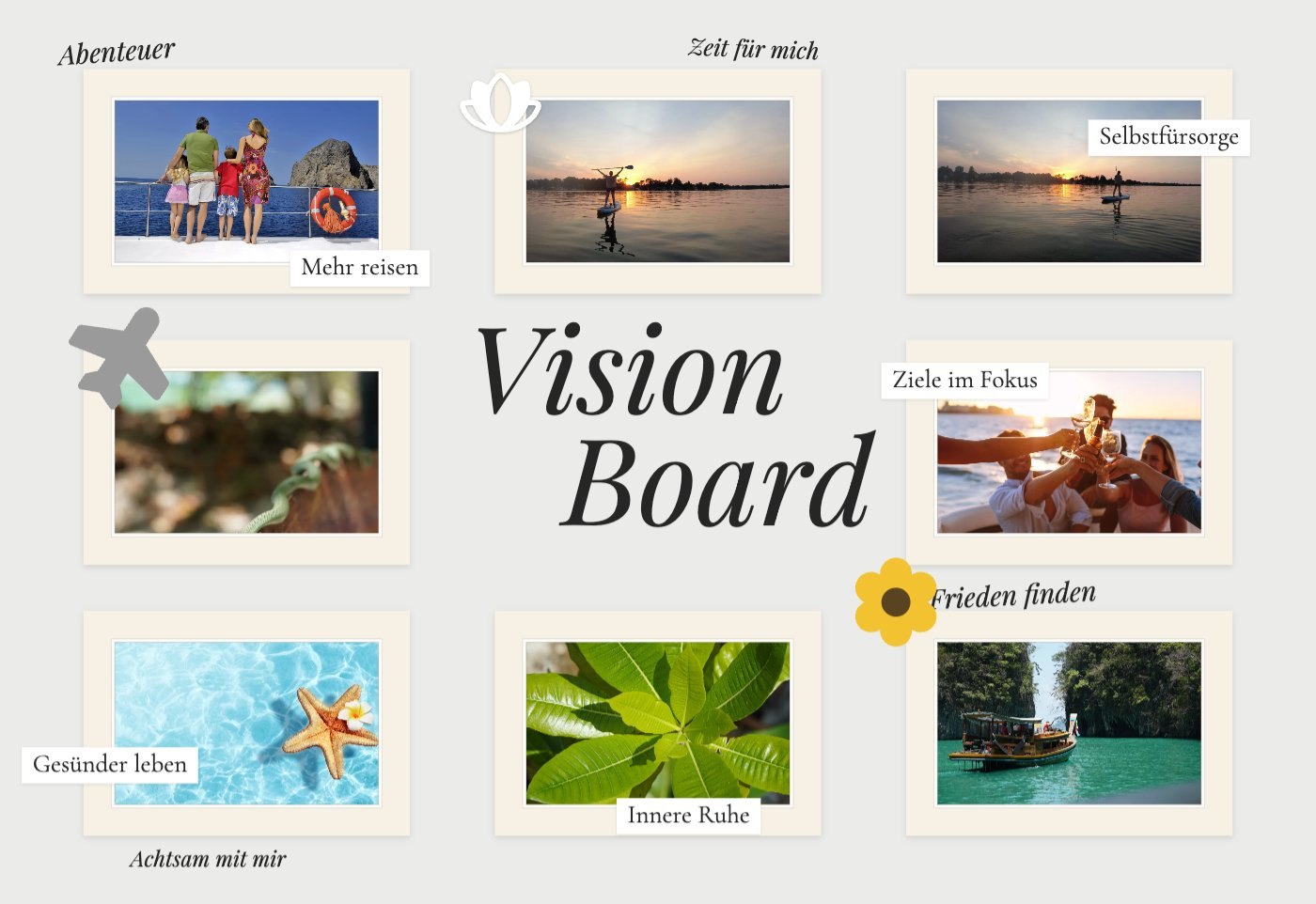 Vision-Board-Vorlage mit Notizblock, Haftnotiz „Ziele 2027“ und vier gerahmten Fotos in Terrakotta
