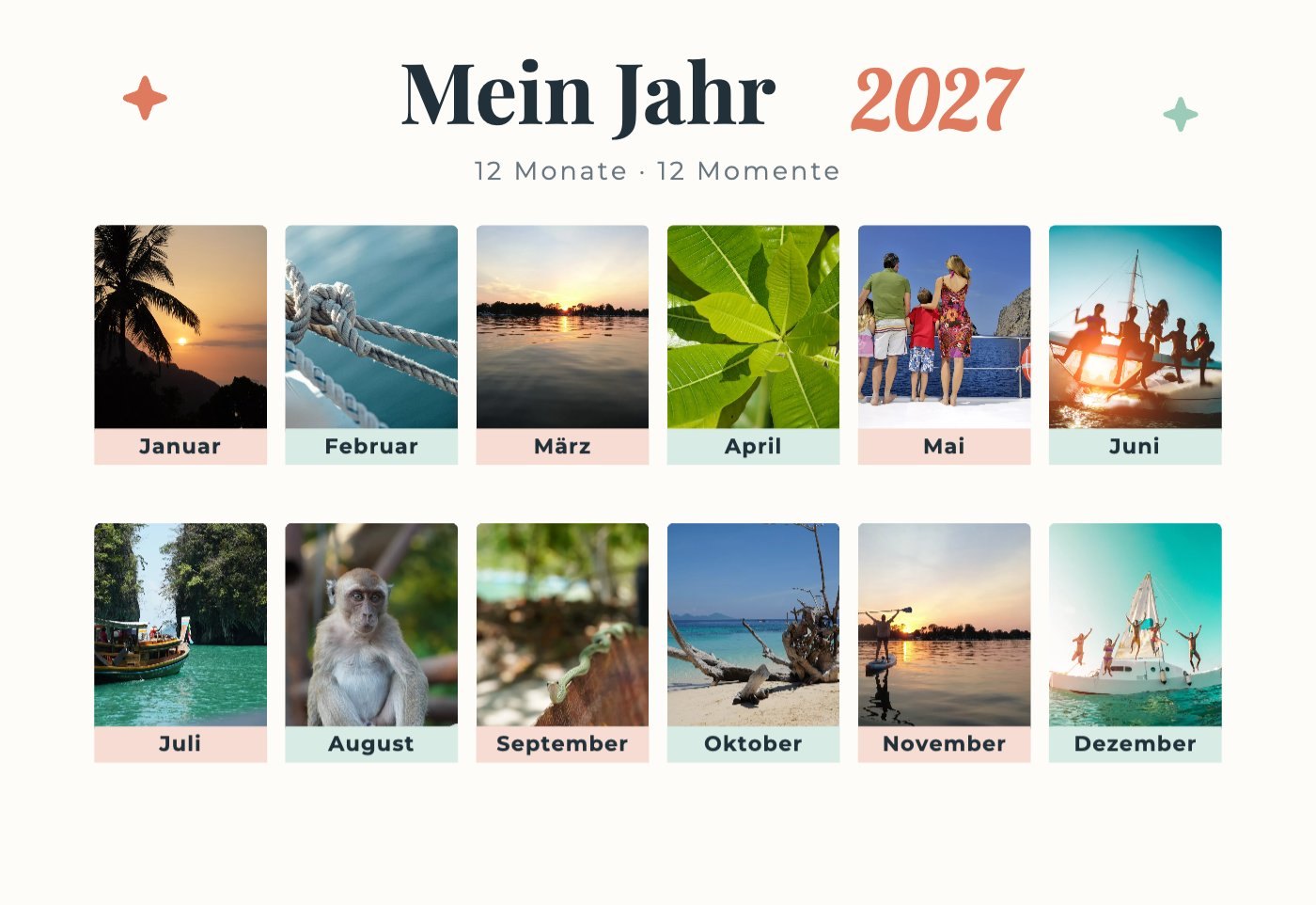 Vorlage Mein Jahr 2027 mit zwölf Monatsfotos von Januar bis Dezember in zwei Reihen